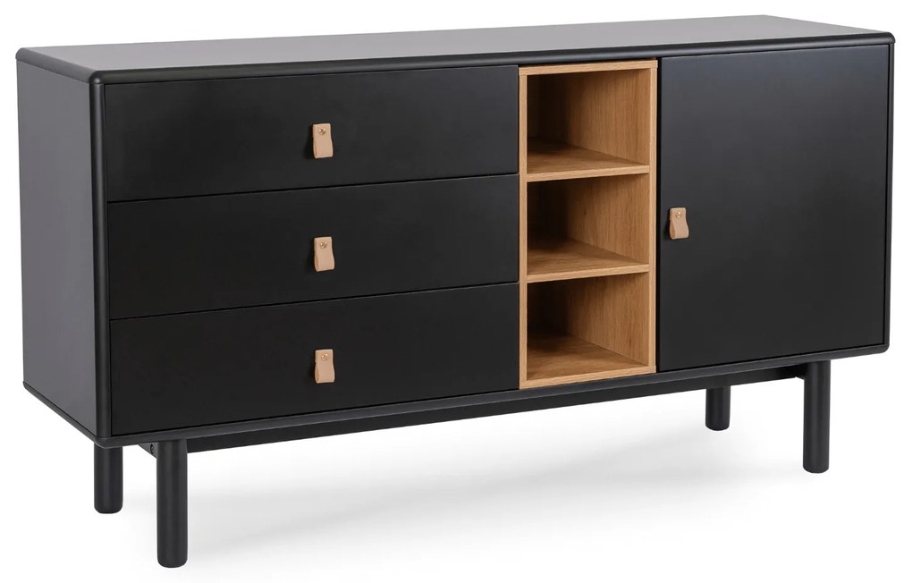 Komoda do Salonu CASTILLO 140 cm Czarna z Szufladami i Półkami Nowoczesna