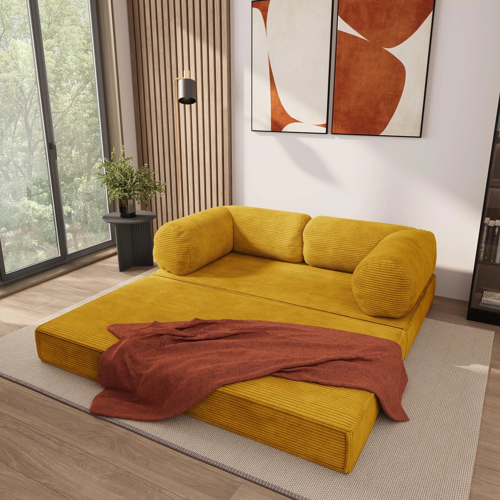 Masseno Sofa piankowa ALVIO z funkcją spania, Kanapa z pianki do salonu, Bezmontażowa, Tkanina sztruksowa – Żółty POSO 01