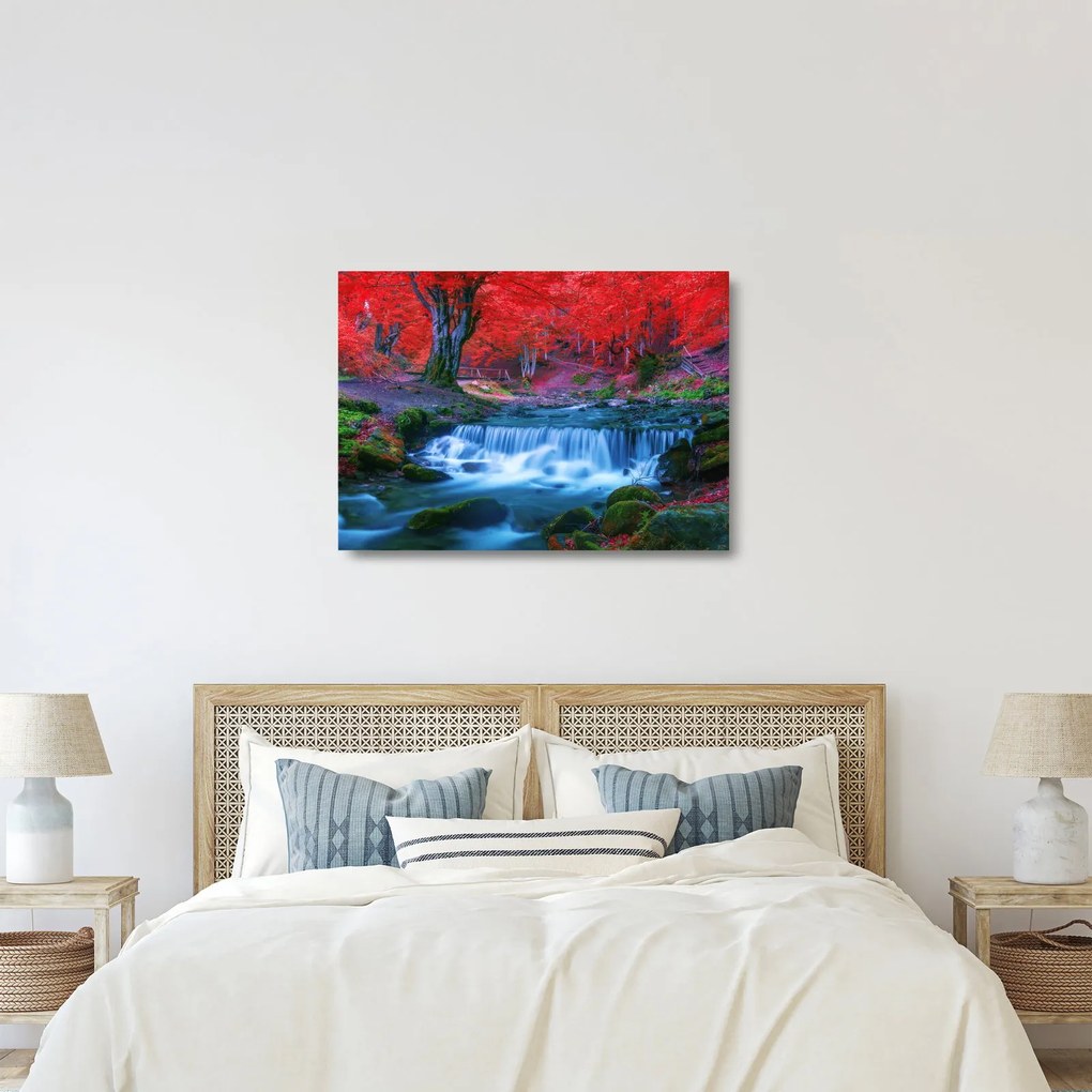 Obraz na szkle wodospadu w czerwonym lesie (70x50 cm)