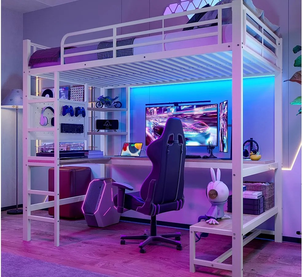 Łóżko mezzanine 90x200cm - z biurkiem + balustradą - z portami USB + Type-C - z taśmą świetlną LED - białe