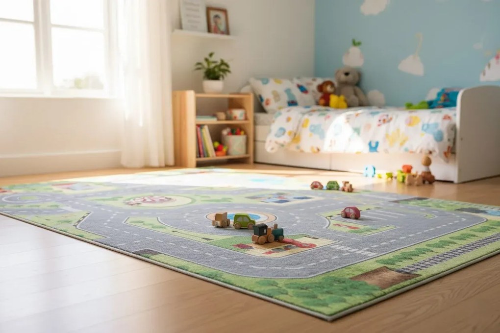 Zielono-kolorowy dywan z ulicami dla dzieci R4-F90