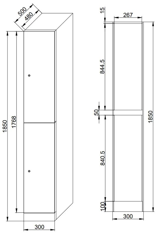 Szafka skrytkowa S1, 2 schowki, 1850 x 300 x 500 mm, demontaż, zamek RFID, drzwi laminowane, dąb naturalny