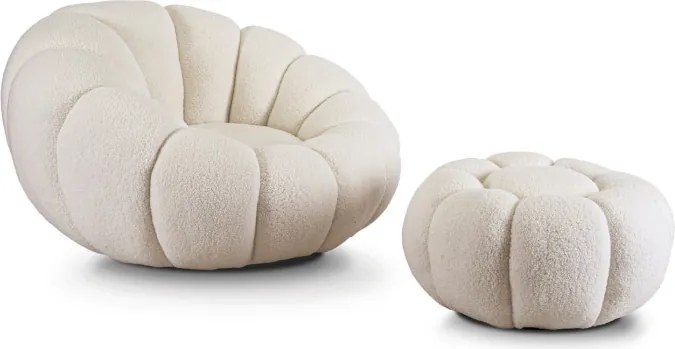 Fotel Wypoczynkowy Obrotowy PETTIT Kremowy z Pufą w Tkaninie Teddy Boucle