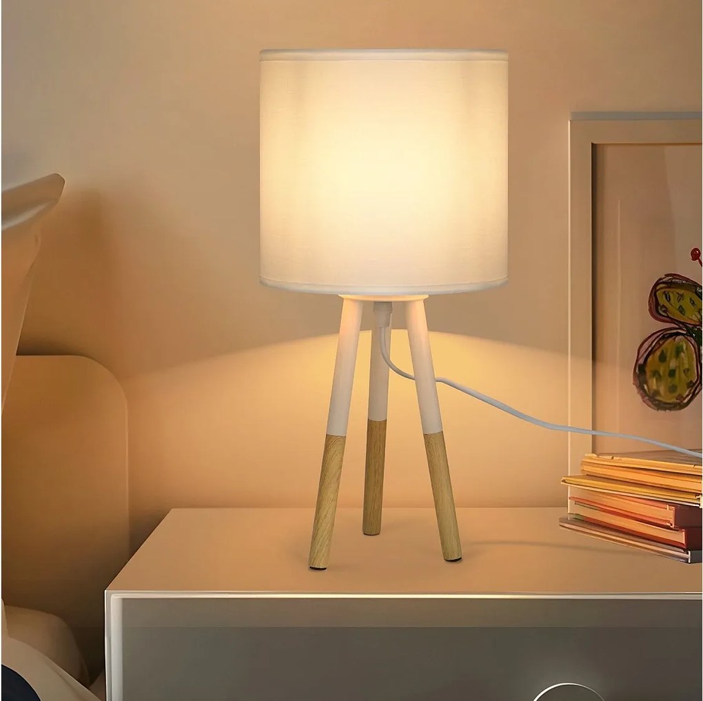 NETTLIFE Lampka nocna Zestaw 1 nowoczesnych lamp stołowych - Lampa stołowa do salonu z abażurem z tkaniny Gniazdo E27 Max. 40W Biały