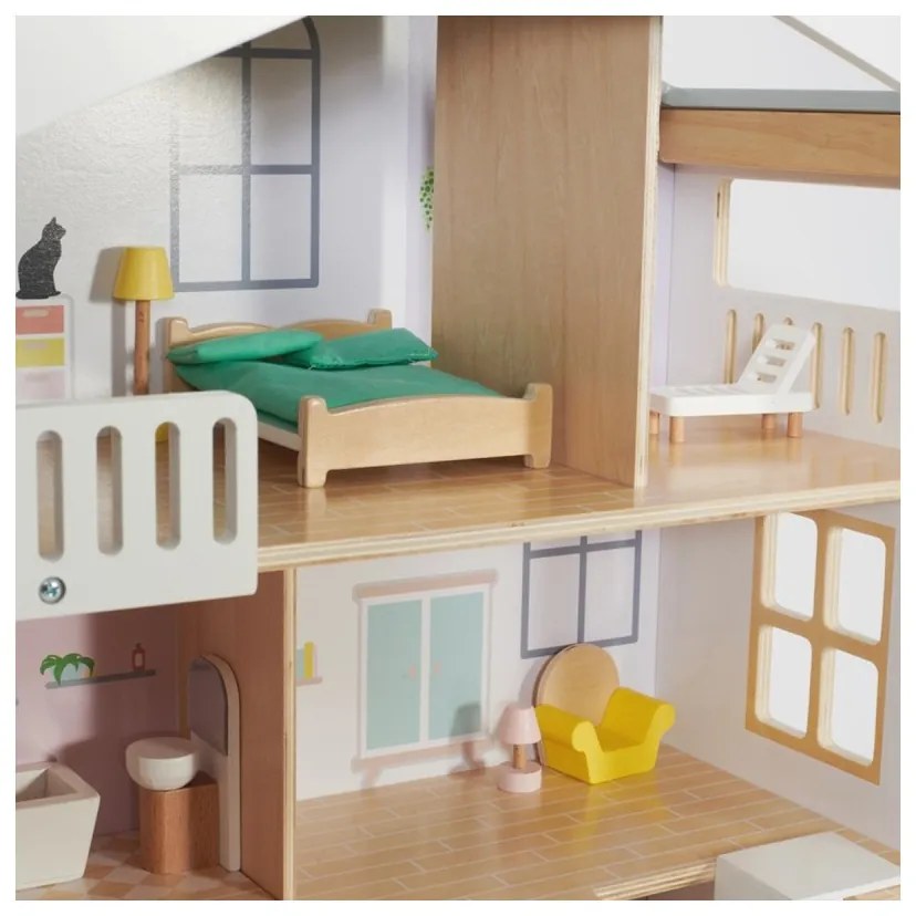 Classic world duży drewniany domek dla lalek 2 figurki naturalne drewno 28 el.