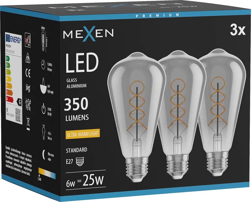 Mexen Vintis 3x żarówka filament spirala LED E27, ST64, 6W, Ciepła - 2200K, 350 lm, smoke - L162-E27-0622-70x03