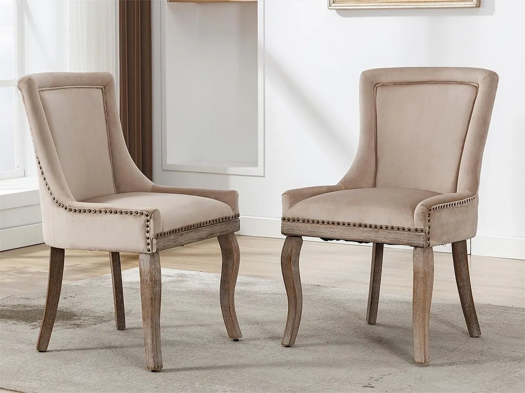 Zestaw 2 aksamitnych krzeseł - z nogami z litego drewna - beżowy