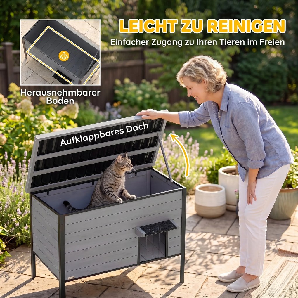 PawHut Wodoodporny domek dla kota z otwieranym dachem i wyjmowaną podłogą, wejście, dla 1-2 kotów do 12 kg, 85x55x70 cm, Jasnoszary | Aosom PL