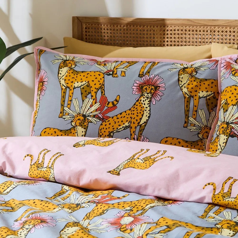 Różowo-szara bawełniana pościel dwuosobowa 230x220 cm Untamed Cheetah – Their Nibs