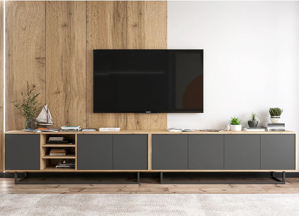 Szafka RTV z 7 drzwiami i 1 wnęką – korpus dąb wotan, fronty grafit mat – 300 cm, metalowa rama