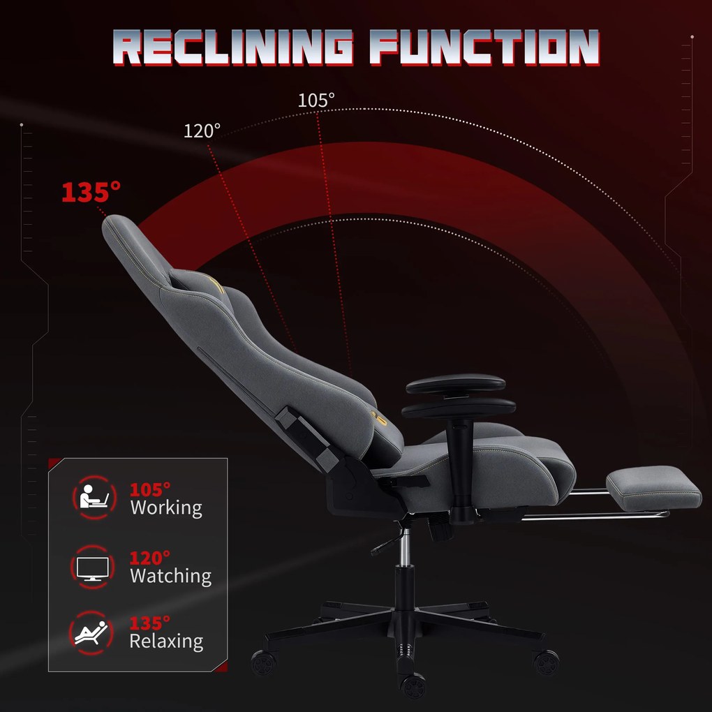 HOMCOM Ergonomiczny fotel gamingowy z regulowanymi podłokietnikami 3D, obrotowy fotel biurowy z podparciem lędźwiowym, szary