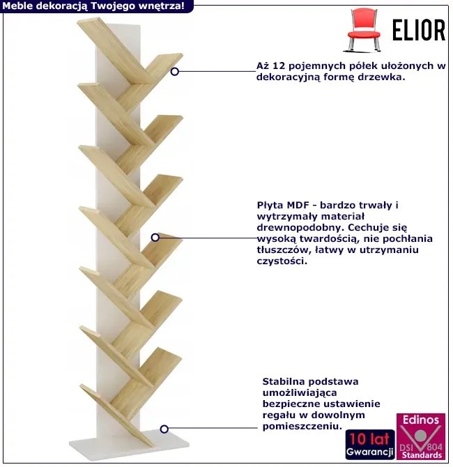 Regał na książki w kształcie drzewka biały + dąb sonoma - Figo 4X