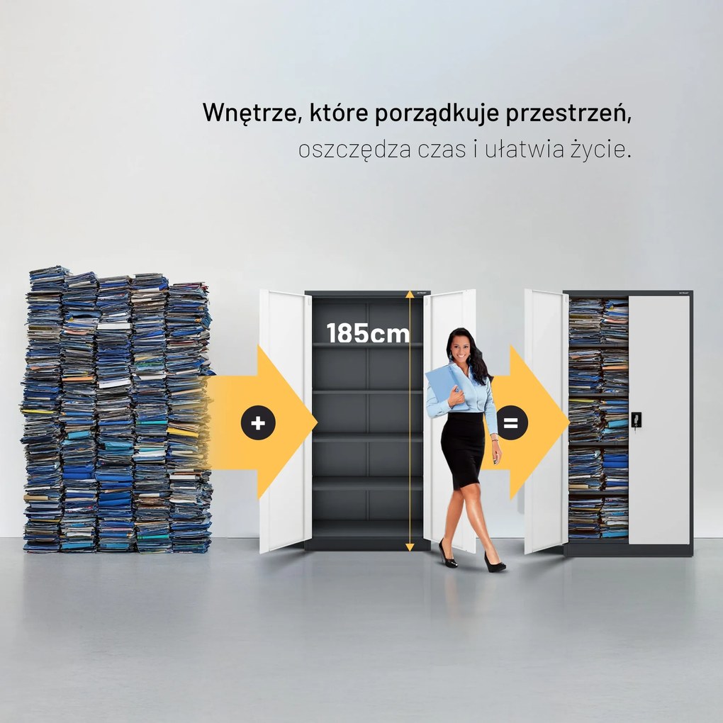 Szafa biurowa na dokumenty z 4 półkami antracytowo-biała, 900x1850x400 mm: JAN