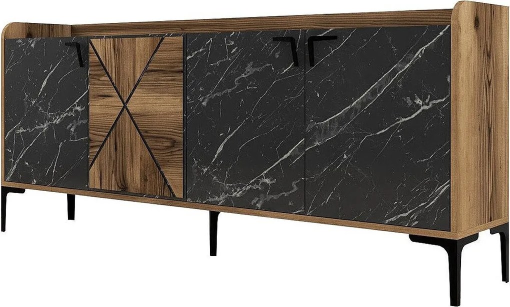 Komoda przemysłowa – 180 x 35 x 78 cm – Orzech i czerń – Płyta wiórowa pokryta melaminą