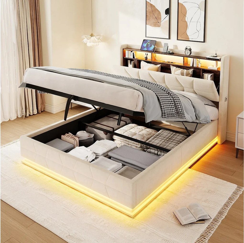 Łóżko hydrauliczne ze schowkiem - 160 x 200 cm - z diodami LED + kieszenie boczne + USB/Typ-C + zagłówek ze schowkiem - aksamitne - beżowe