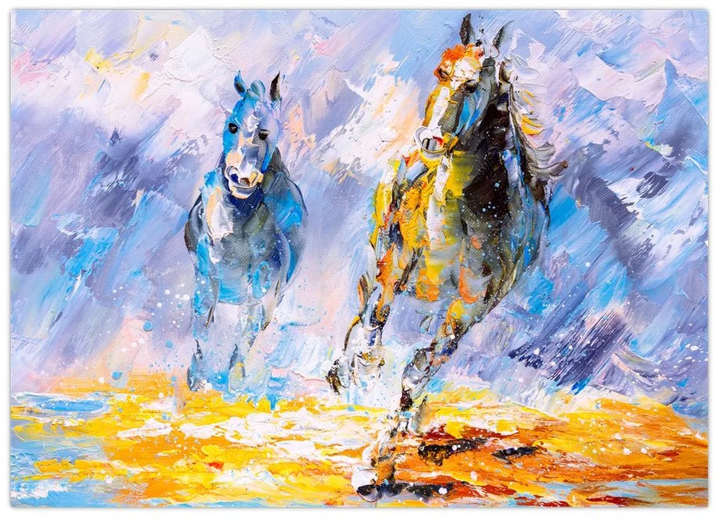 Obraz na szkle biegnących koni, obraz olejny (70x50 cm)