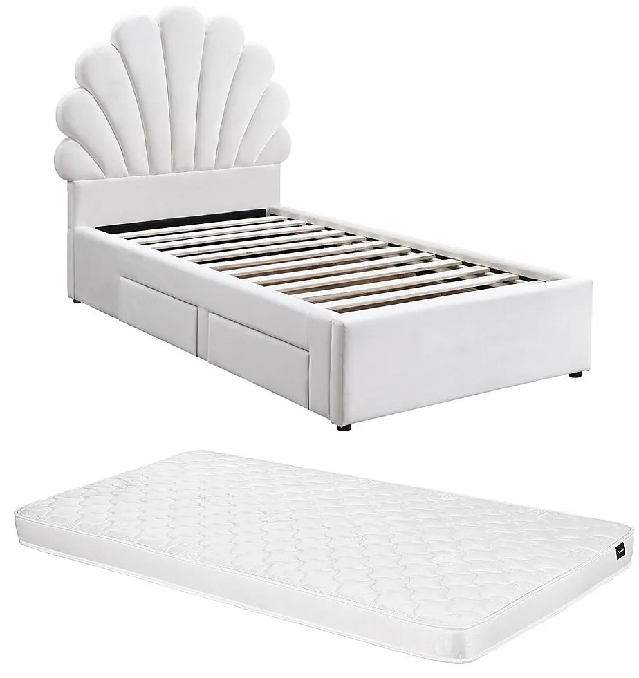 Łóżko muszla 90 x 190 cm z 2 szufladami - Welur - Białe + Materac - MOANA