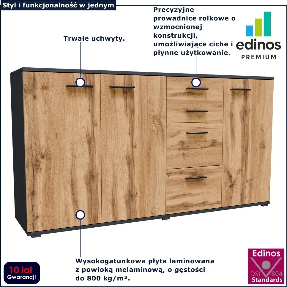 Długa komoda z szufladami i półkami grafit + dąb wotan T0-S51