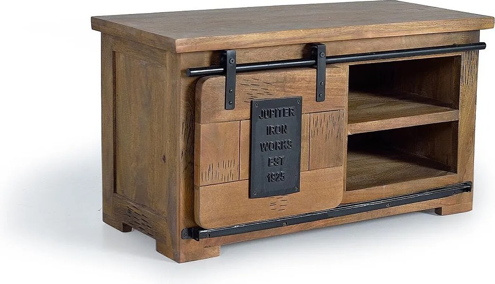 Szafka RTV z drewnianymi uchwytami i metalem