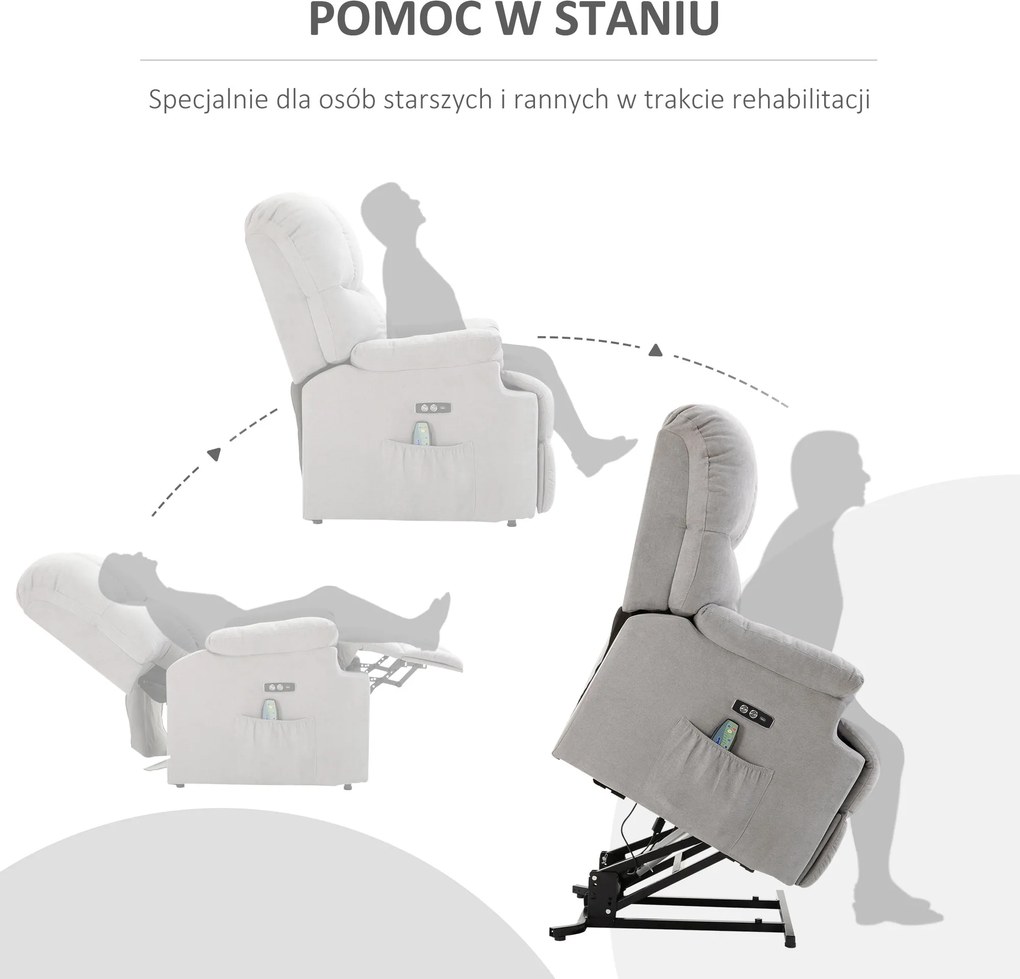 HOMCOM Fotel do masażu z funkcją wstawania i ogrzewania regulowany kąt nachylenia z pilotem szary pluszowy | Aosom PL