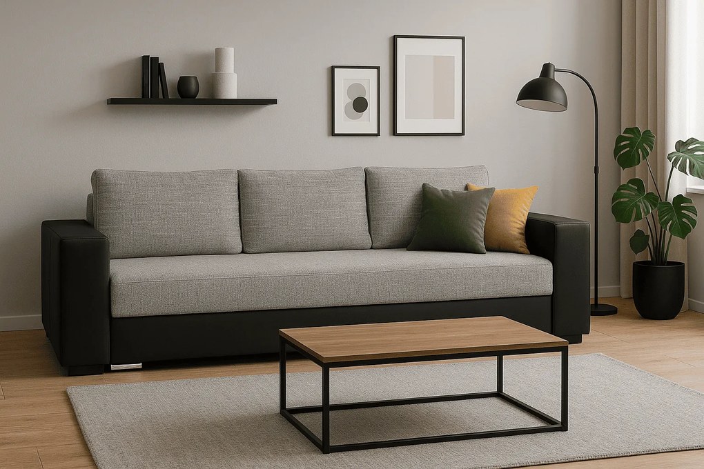 Ponadczasowa sofa z funkcją spania i pojemnikiem na pościel - KAMILA , Berlin 03 + Dolaro 33, capucino - brąz