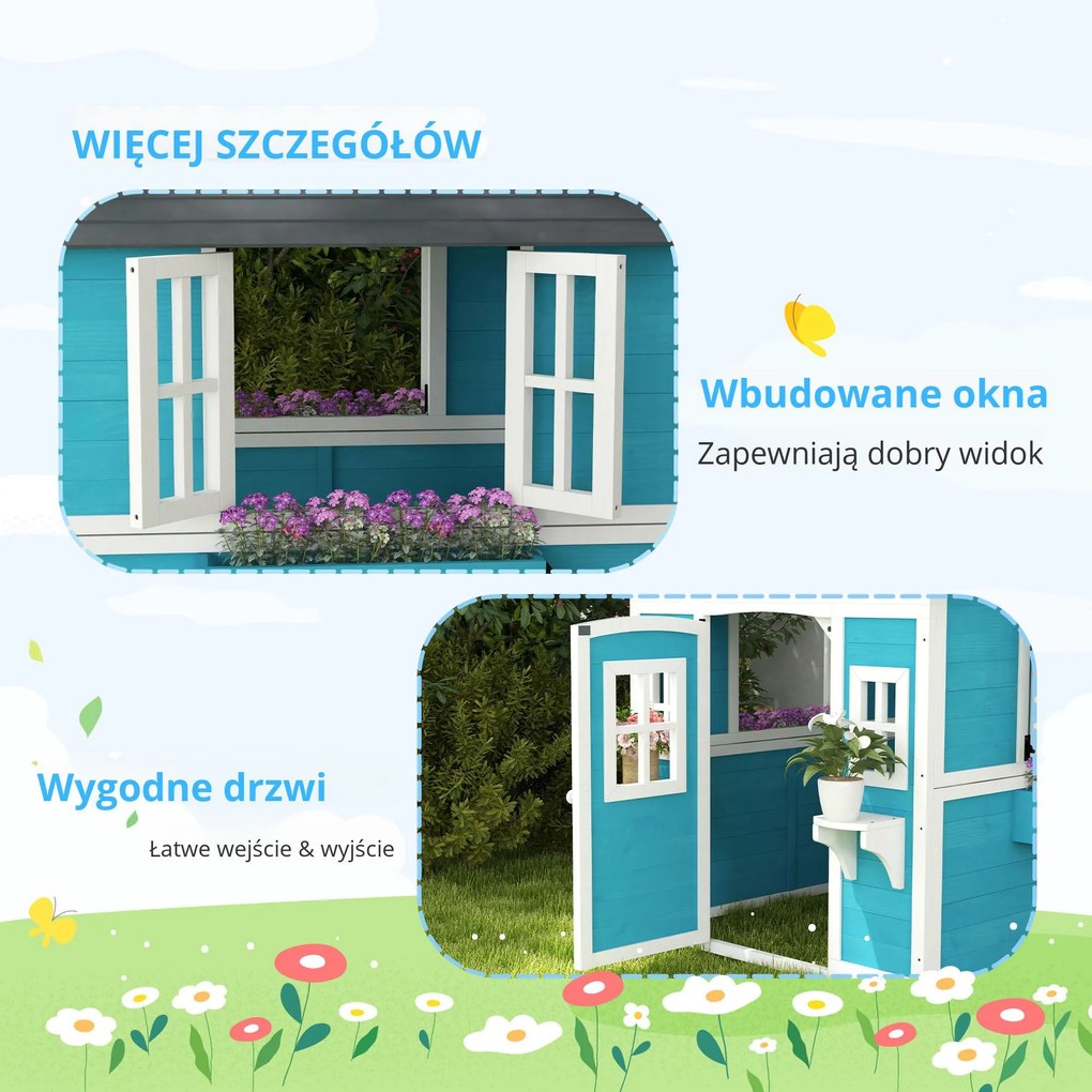 Outsunny Domek Ogrodowy dla Dzieci, Drewniany Domek Zabaw z Oknami, Doniczkami, 3-8 Lat, Niebieski