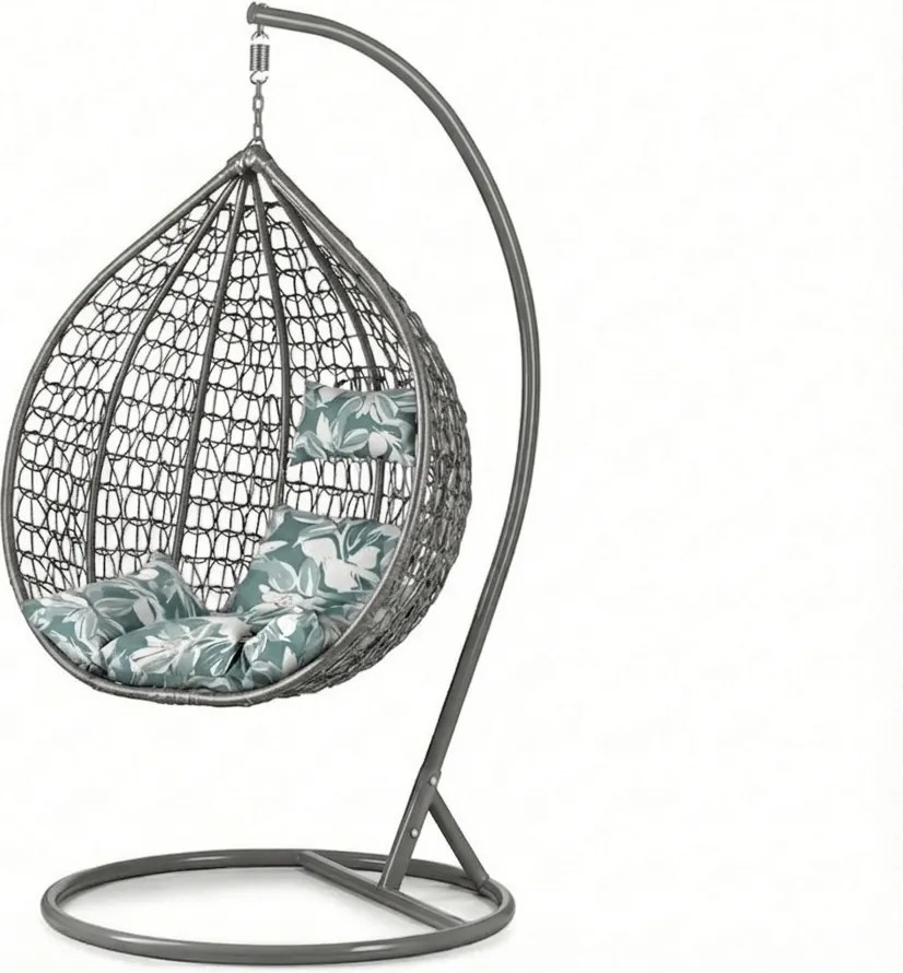 Szary wiszący fotel KOKON ze stojakiem, zielono-biała poduszka