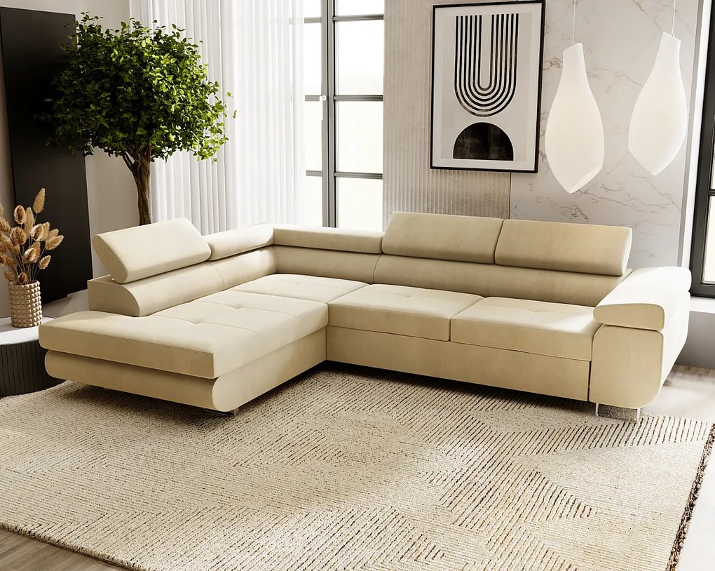 Emporius Sorlo narożnik z funkcją spania i pojemnikiem - regulowane zagłówki, lewostronny, tkanina aksamitna, wanilia (Amor Velvet 4323)