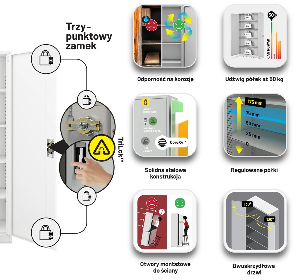 Szafa biurowa metalowa na akta biała JAN II, 1150 x 1850 x 400 mm