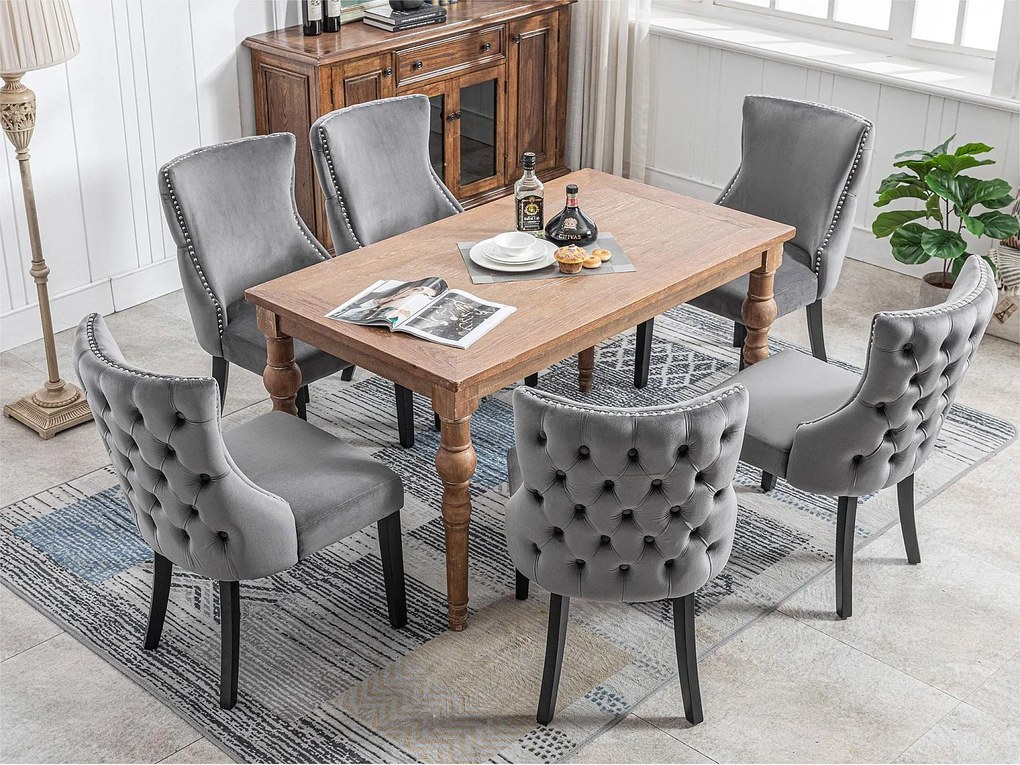 Zestaw 6 aksamitnych krzeseł gondolowych - nogi z litego drewna - szary