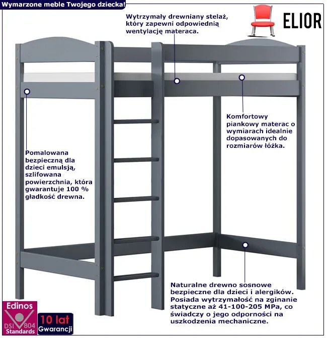 Szare piętrowe łóżko dziecięce z antresolą - Igi 4X 180x90 cm
