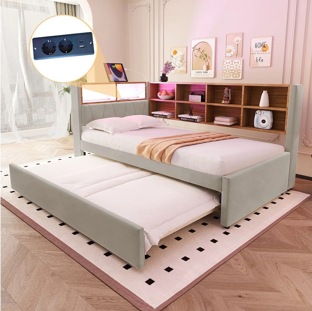 Łóżko dzienne 90 x 200 cm - łóżko wysuwane 90 x 190 cm z oświetleniem LED i dużą ilością miejsca do przechowywania - flanela jasnoszara