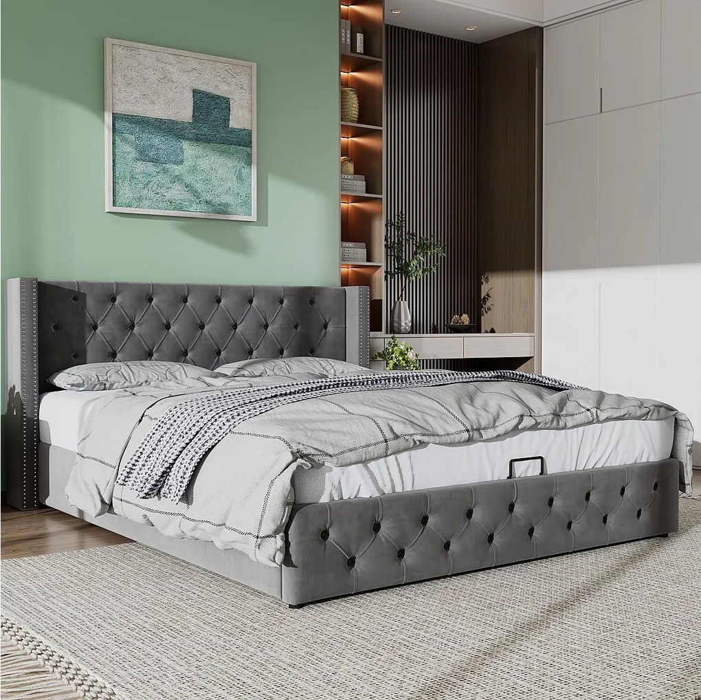 Łóżko welurowe ze schowkiem 180 x 200 cm - łóżko dla dorosłych z nitami - styl skandynawski - szare