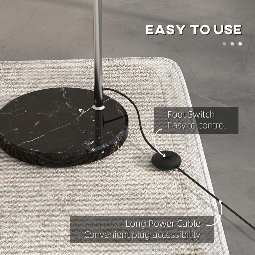 HOMCOM Łukowa lampa stojąca, regulowana, z przełącznikiem nożnym, podstawa imitującą marmur, 170-180cm, Srebrny/Czarny