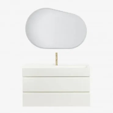 Zestaw Mebli Łazienkowych Z Drewna I Forniru Jesionowego Z Wbudowaną Umywalką Ona Biała & Owalna Lampa Led - Sklum