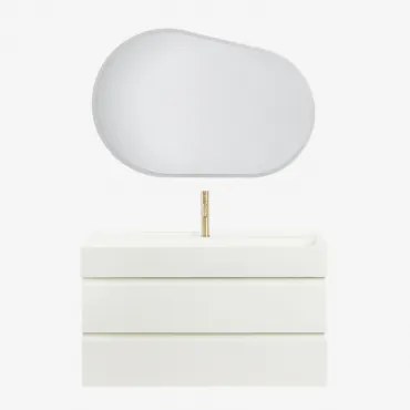 Zestaw Wiszących Mebli Łazienkowych Z Drewna I Forniru Jesionowego Zintegrowany Z Umywalką Ona Biała & Owalna Lampa Led - Sklum