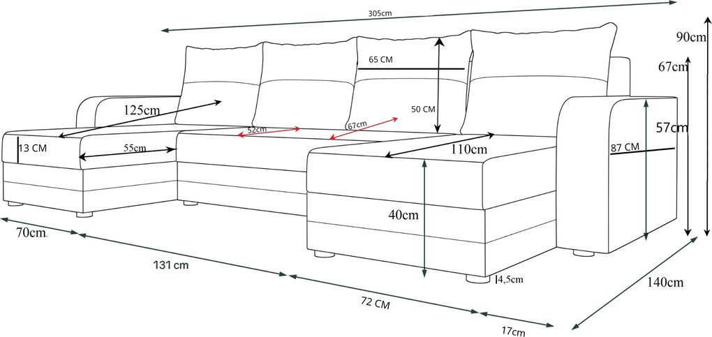 Rozkładana sofa narożna w kształcie U VALERIO 305x140 cm, ciemnozielona