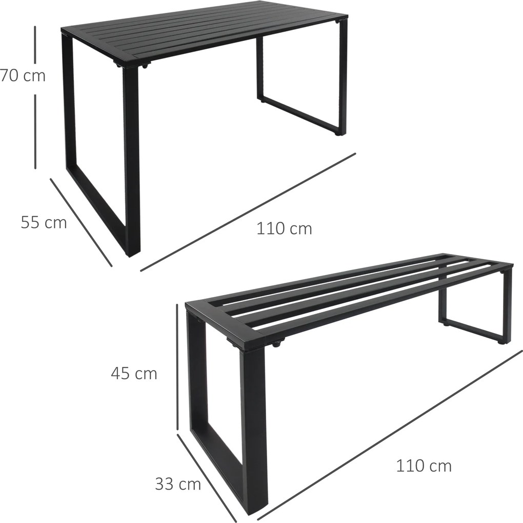 Outsunny Stylowy Zestaw Mebli Ogrodowych 3-częściowy - Stół i 2 Ławki, Metalowa Konstrukcja, Czarny Kolor, 110x55x70cm