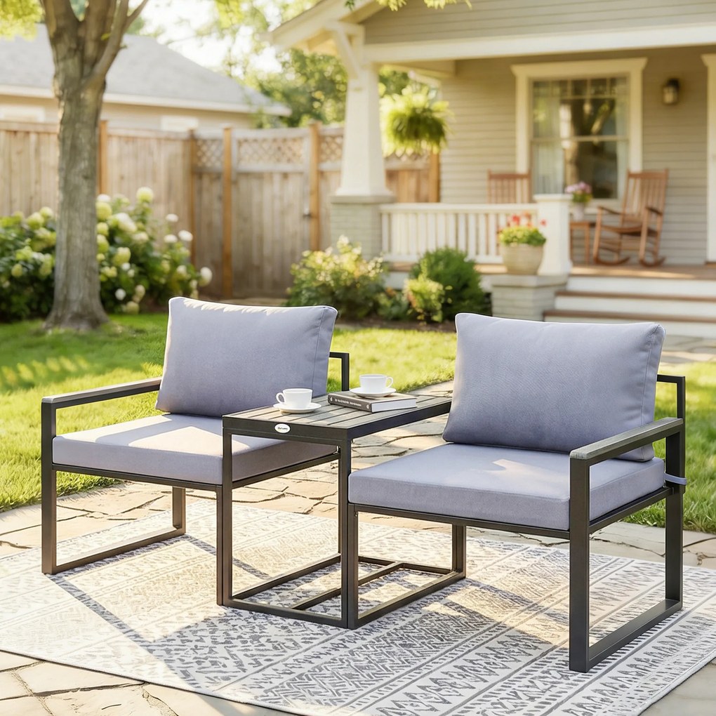 Outsunny 3-częściowy zestaw mebli balkonowych: 2 fotele ze stolikiem, zdejmowane poduszki na siedzisko i oparcie, oddychające pokrowce, szary | Aosom PL