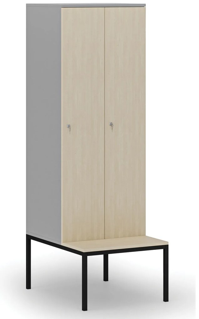Drewniana szafa ubraniowa z ławką, 2-drzwiowa, 1871 x 600 x 500/800 mm, demontaż, zamek cylindryczny, szary/brzoza