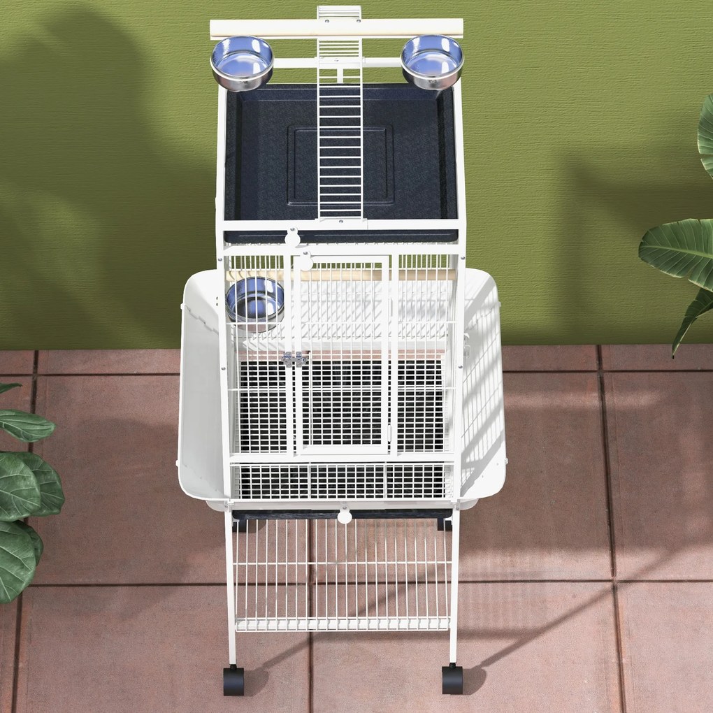 PawHut Klatka dla ptaków, klatka dla papug z 3 drzwiami, 2 żerdziami, kółkami 360°, miską na karmę, półką, wyjmowaną tacą, 62,5x62,5x156 cm, biały | Aosom PL