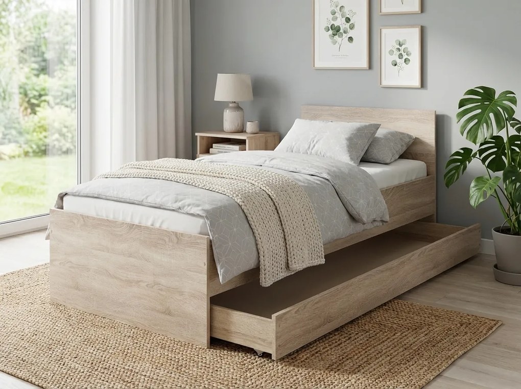 Łóżko ELISA 90 x 200 cm, dąb sonoma Stelaż: Ze stelażem listwowym rolowanym elastycznym, Materac: Materac Deluxe 10 cm