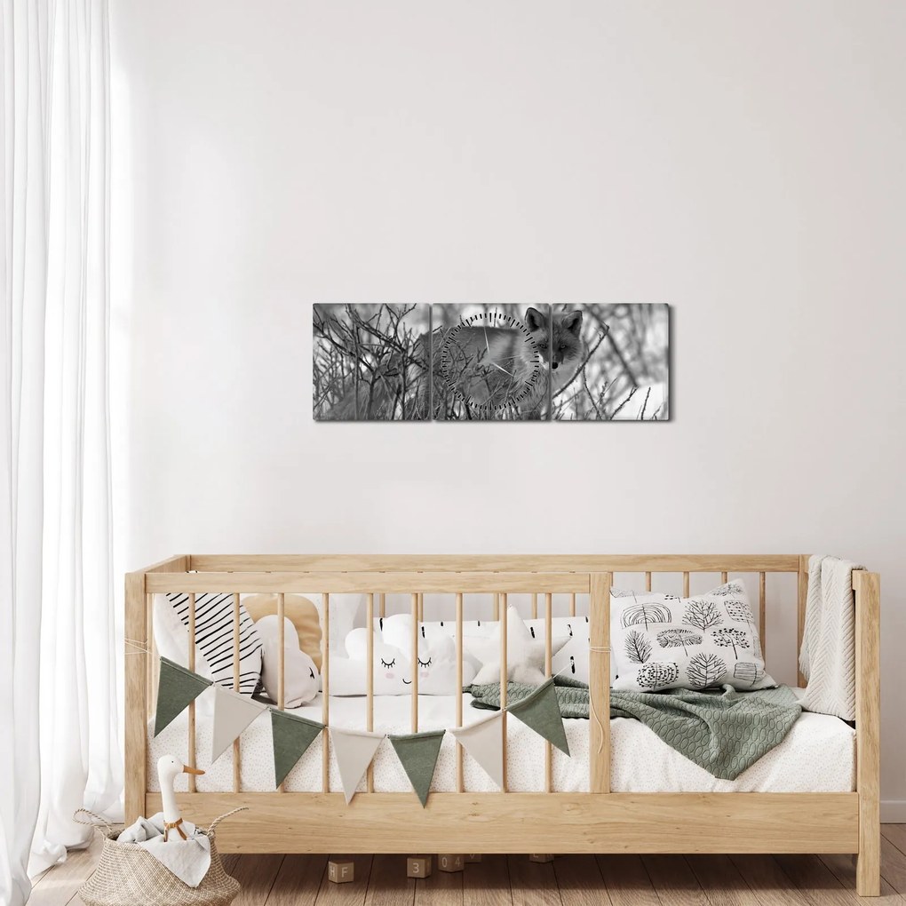 Obraz - Lis w zimie (z zegarem) (90x30 cm)
