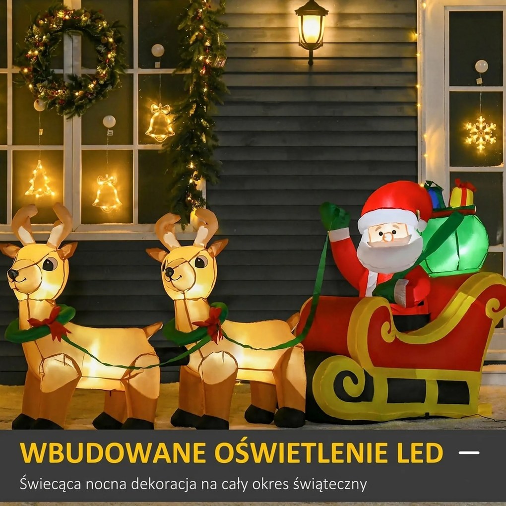 HOMCOM Dmuchany Mikołaj na sankach, 6 diod LED, wodoodporny, 240 x 57 x 112 cm