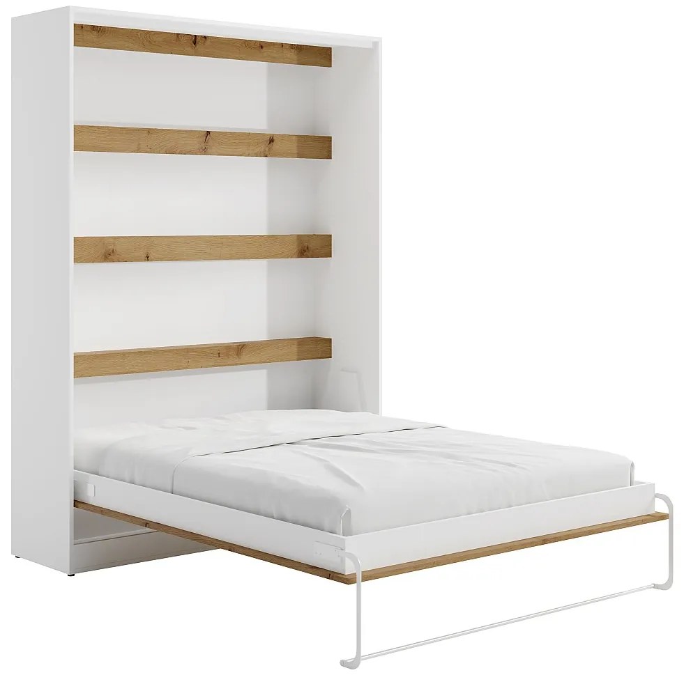 Łóżko chowane w szafie 160 × 200 cm – Otwieranie pionowe manualne – Oświetlenie LED – Białe i naturalne – RAPILI