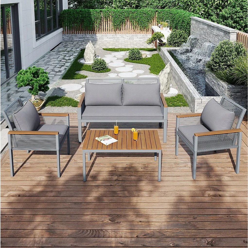 Zestaw mebli ogrodowych metalowych modułowych: 1 sofa 2-osobowa + 2 fotele + 1 stolik kawowy - Szary