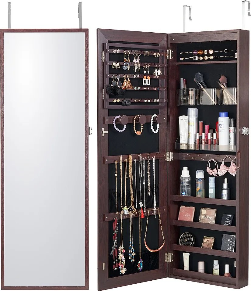 Szafka na Biżuterię SucceBuy z Lustrem o 108cm Mocowanie do Ściany Drzwi Brązowy, Montaż na Ścianie/Drzwiach, LED, Podszewka z Aksamitu, Brązowy, Organizer