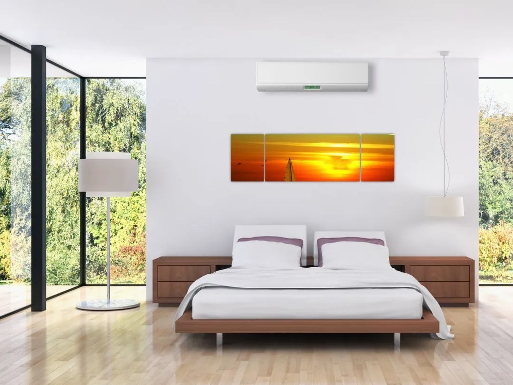 Obraz zachodu słońca z jachtem (170x50 cm)