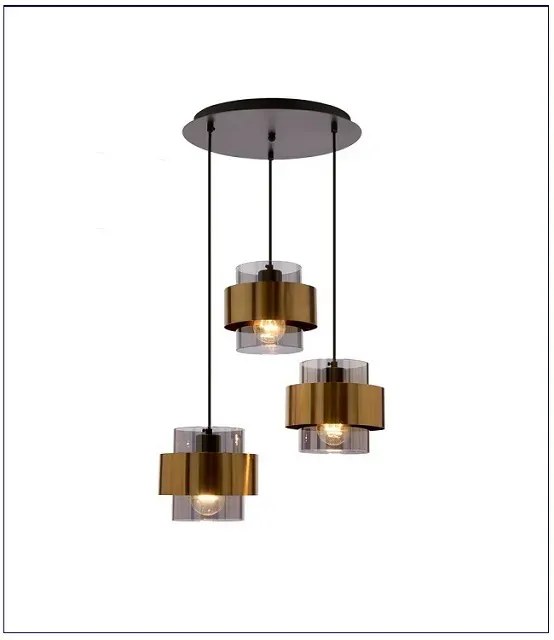 Elegancka lampa wisząca z trzema kloszami w mosiężnych okręgach - V102 K1-E70