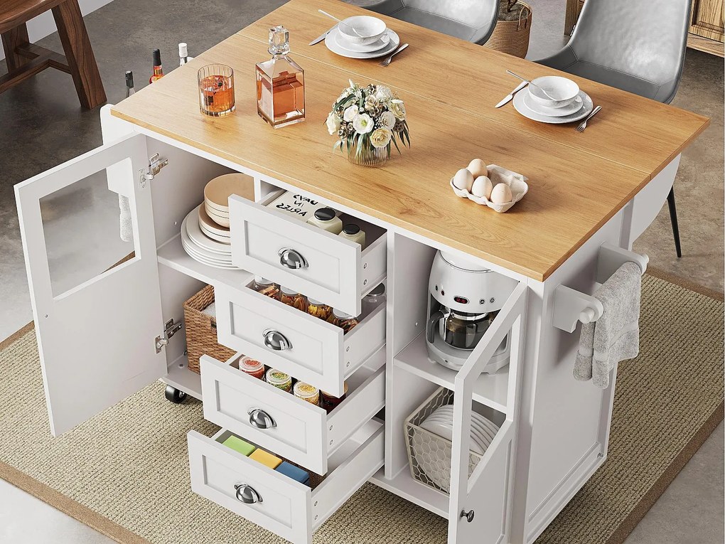 Mobilna wyspa kuchenna 137,9×73×92,5 cm - 4 szuflady i 2 drzwi - rozsuwana blata - biały
